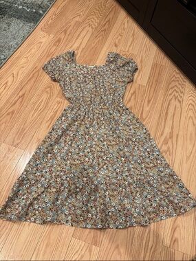 Monteau Floral Dress in Brown, Blue and Yellow